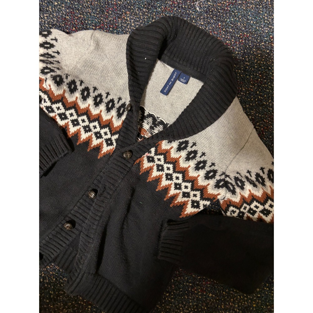 Janie and Jack Boys Shawl Collar Fair Isle Cardigan Sweater Navy Grey Size 5
